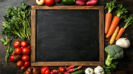 An empty chalkboard with fresh vegetables around the edges, perfect for writing recipes.の素材