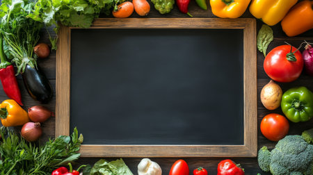 An empty chalkboard with fresh vegetables around the edges, perfect for writing recipes.の素材
