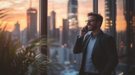 Ambitious businessman talking on the phone, smiling, with city skyline visible through the window.の素材