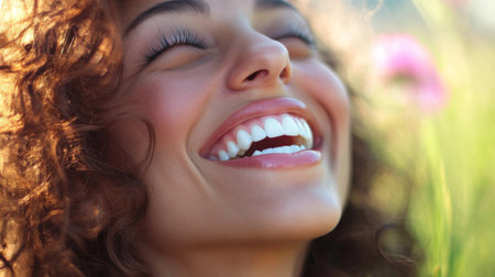 Beautiful woman laughing, with a close-up on her shining teeth, outdoors.の素材