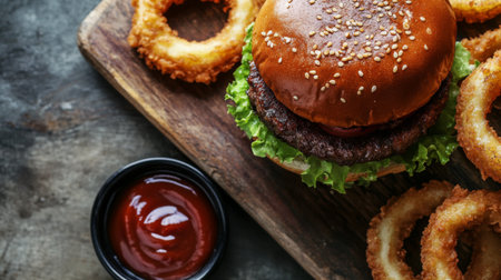 Burger with onion rings and a side of dipping sauce, viewed from above on a wooden board.の素材
