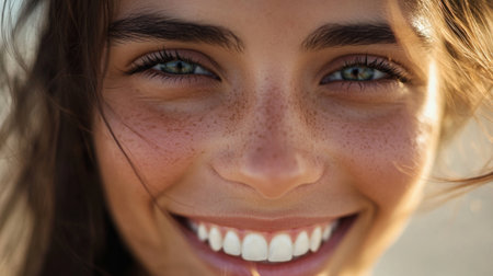 Close-up of a happy woman face, focusing on her beautiful teeth and cheerful expressionの素材