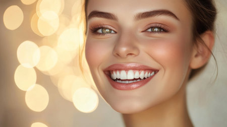 Beautiful woman with perfect teeth smiling confidently, against a soft-focus background.の素材