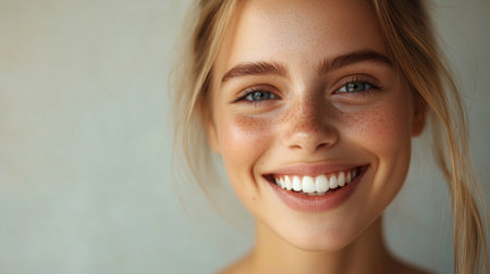 Beautiful woman showing her bright smile and flawless teeth, against a simple backdrop.の素材