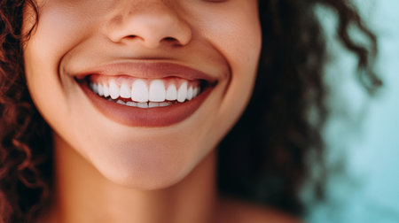 Close-up of a smiling woman with perfect white teeth, set against a bright backgroundの素材