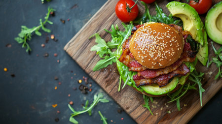 Burger with avocado, bacon, and fresh greens, viewed from above on a wooden board.の素材