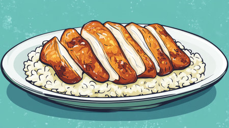 Close-up of a plate of fluffy white rice topped with golden-brown roasted chicken slices.の素材