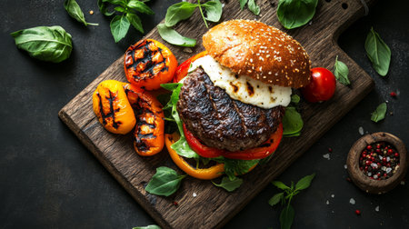 Burger with grilled peppers and mozzarella, viewed from above on a rustic board.の素材