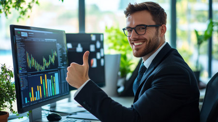 Businessman giving a thumbs up while looking at financial reports on a computer screen.の素材
