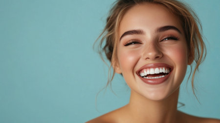 Beautiful woman showing off her flawless teeth while smiling confidently in a studio.の素材