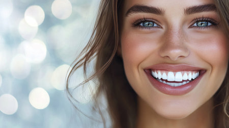 Beautiful woman with perfect teeth smiling confidently, against a soft-focus background.の素材