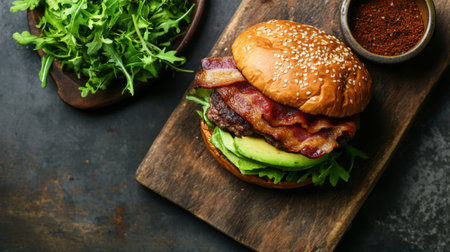 Burger with avocado, bacon, and fresh greens, viewed from above on a wooden board.の素材