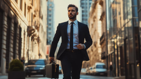 Businessman in a suit, holding a briefcase, walking briskly down a city street with a determined expression.の素材