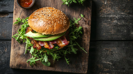 Burger with avocado, bacon, and fresh greens, viewed from above on a wooden board.の素材