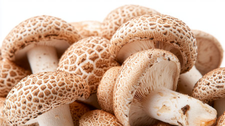 Close-up of Matsutake mushrooms, showcasing their natural beauty and intricate details on a white background.の素材