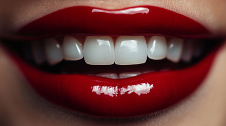 Close-up of a woman's mouth, showcasing her beautiful teeth and red lipstick.の素材