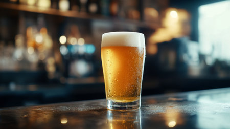 Close-up of a frosty pint of beer with golden hues, set on a polished bar counter.の素材