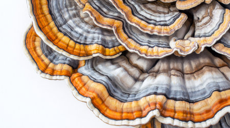 Close-up of a turkey tail mushroom cluster, with detailed textures and vibrant colors on a white background.の素材