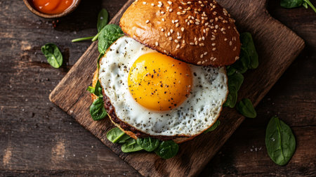 Burger with a sunny-side-up egg and spinach, shot from above on a rustic wooden board.の素材