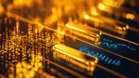 Close-up of a rising gold market graph with a digital background.の素材
