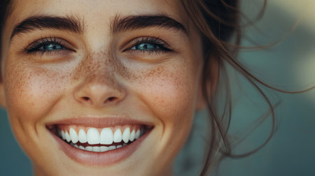 Close-up of a happy woman face, focusing on her beautiful teeth and cheerful expressionの素材