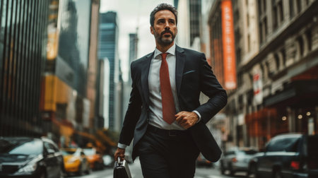 Businessman in a suit, holding a briefcase, walking briskly down a city street with a determined expression.の素材