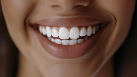 Close-up of a woman's perfect teeth as she smiles brightly in a studio shot.の素材