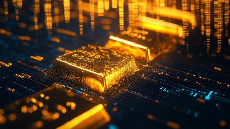 Close-up of a rising gold market graph with a digital background.の素材