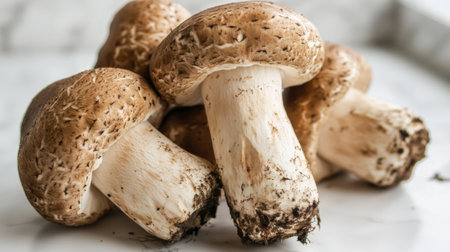 Close-up of fresh Matsutake mushrooms with earthy tones and natural textures on a white background.の素材