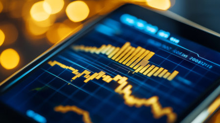 Close-up of a financial chart displaying gold prices on a smartphone screen.の素材