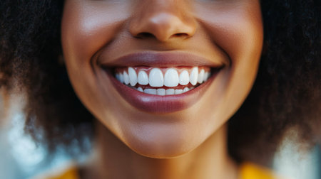 Close-up of a smiling woman with perfect white teeth, set against a bright backgroundの素材