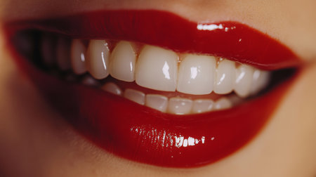 Close-up of a woman's mouth, showcasing her beautiful teeth and red lipstick.の素材