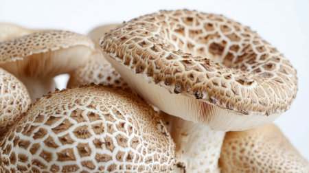 Close-up of the caps of Matsutake mushrooms, highlighting their intricate details on a white background.の素材