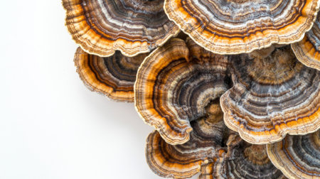 Close-up of organic turkey tail mushrooms with detailed striations and vibrant colors, set on a white background.の素材