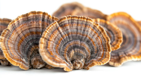 Close-up of the underside of organic turkey tail mushrooms, displaying their gills on a white background.の素材