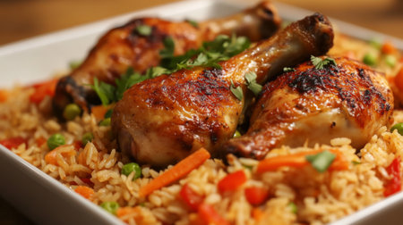A family-style serving of rice with roasted chicken, ready for sharing.の素材