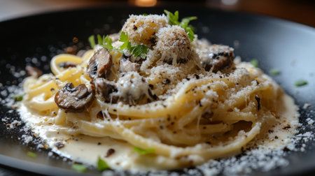 A decadent pasta dish with truffle mushrooms, cream sauce, and grated cheese.の素材