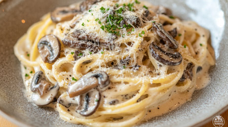 A decadent pasta dish with truffle mushrooms, cream sauce, and grated cheese.の素材
