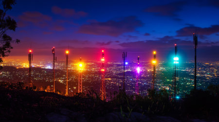 A panoramic view of a city with multiple signal towers lit up in different colors.の素材