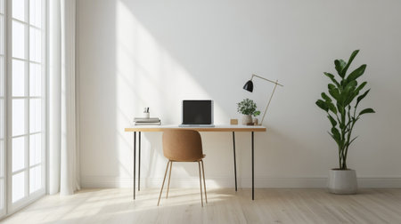 A minimalist home office with a simple desk, chair, and a laptop, surrounded by white walls.の素材
