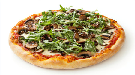 A gourmet pizza topped with truffle mushrooms and arugula, photographed against a white background.の素材
