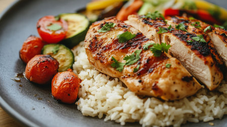 A close-up shot of a hearty plate of rice with roasted chicken and a side of grilled vegetables.の素材