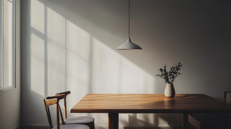 A minimalist dining area with a wooden table, four chairs, and a single pendant light.の素材