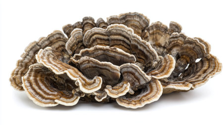 A bunch of fresh turkey tail mushrooms, highlighting their wavy edges against a white background.の素材