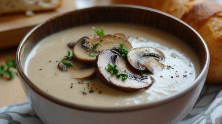 A bowl of creamy soup with truffle mushroom slices on top, served with a bread rollの素材