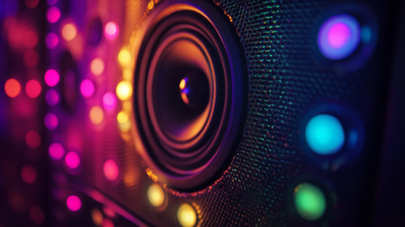 Close-up of a speaker with multicolored LED lights shining brightly.の素材