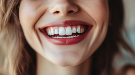 Close-up of a happy woman face, focusing on her beautiful teeth and cheerful expressionの素材