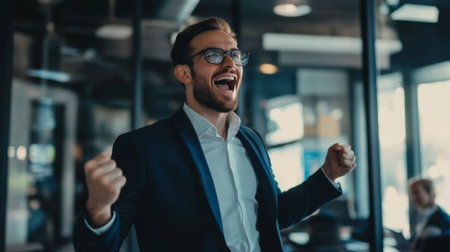 A young businessman excitedly presenting a business plan to colleagues in a modern office.の素材