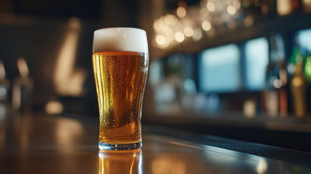 Close-up of a frosty pint of beer with golden hues, set on a polished bar counter.の素材