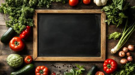 An empty chalkboard with fresh vegetables around the edges, perfect for writing recipes.の素材